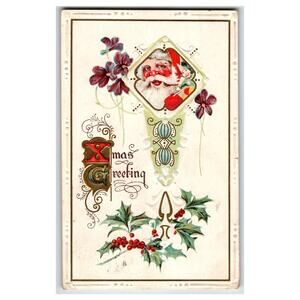 Antique Embossed Santa Claus Christmas Postcard 1915 Berthold ND Holly